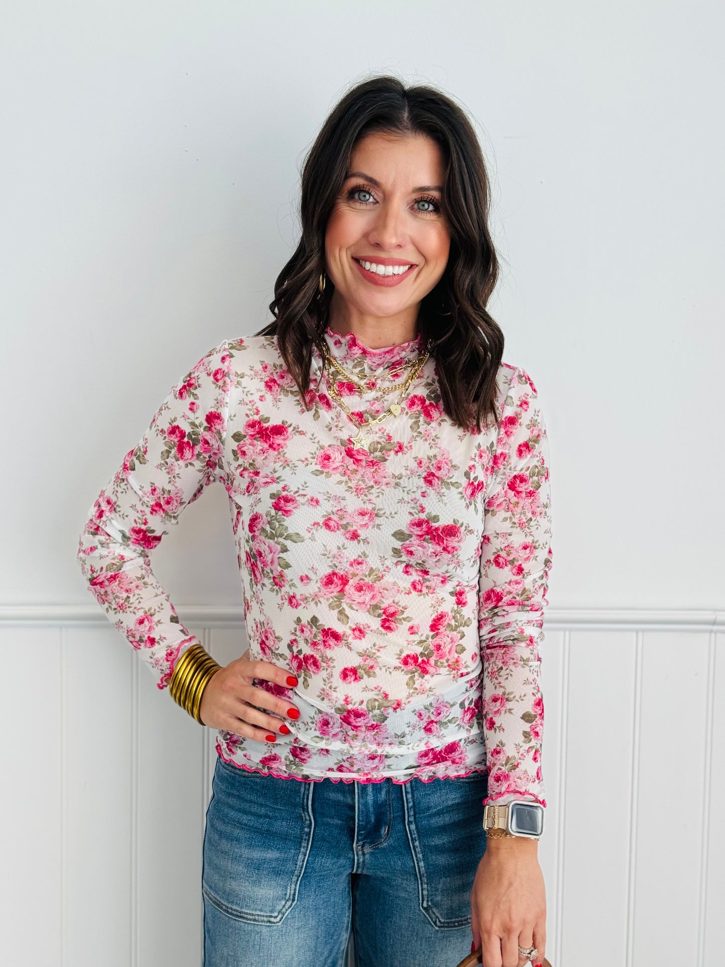 Pink Floral Mesh Long Sleeve Top (Reg. and Plus)