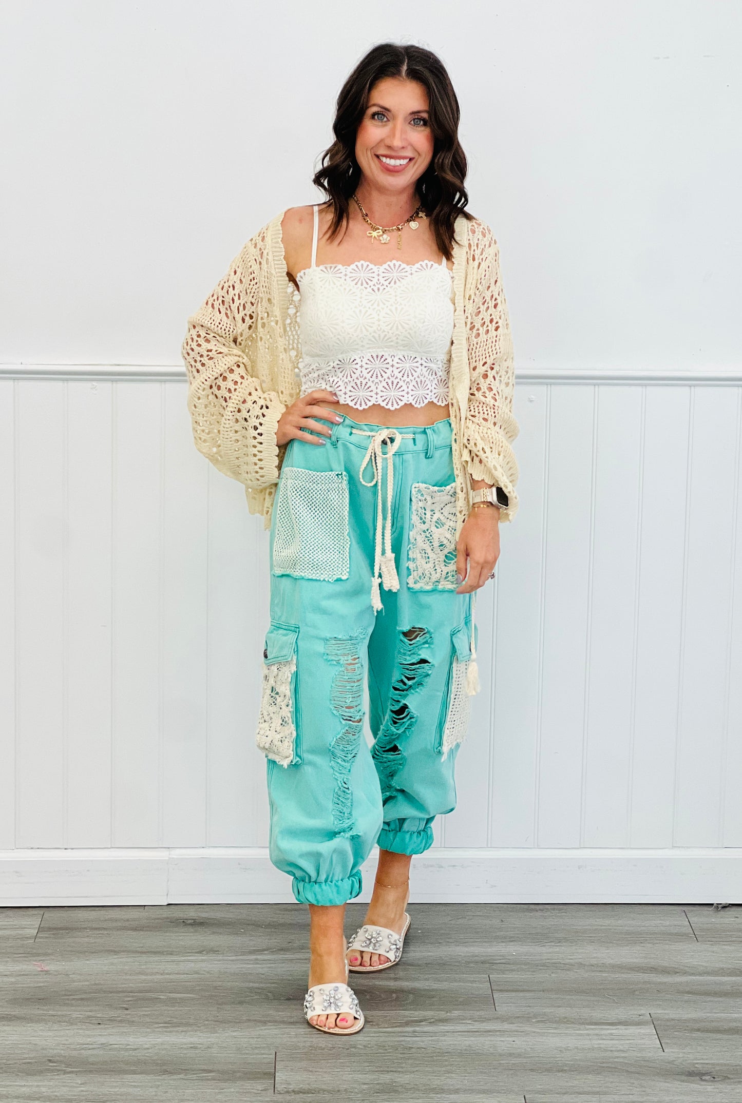 POL Distressed Jungle Green & Lace Jogger Pants (Reg)