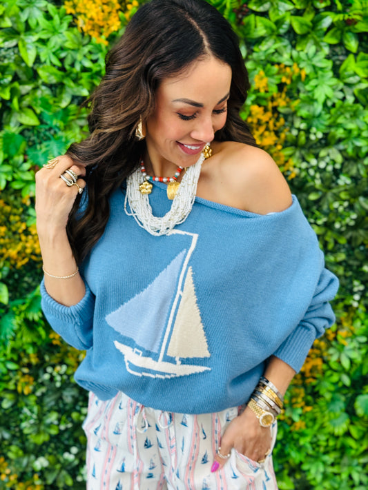 Blue Sailboat Graphic Sweater Top (Reg.)