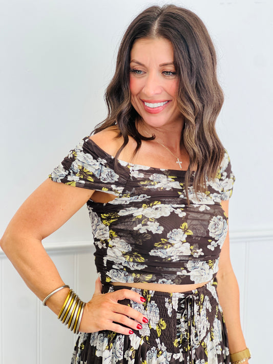 Charcoal Floral Mesh Square Neck Top (Reg.)