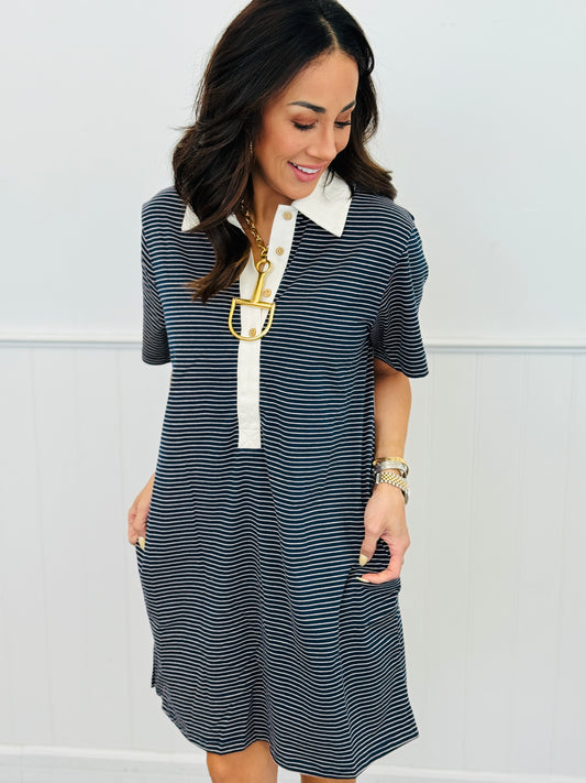 Navy Pinstripe Mini Dress (Reg. and Plus)