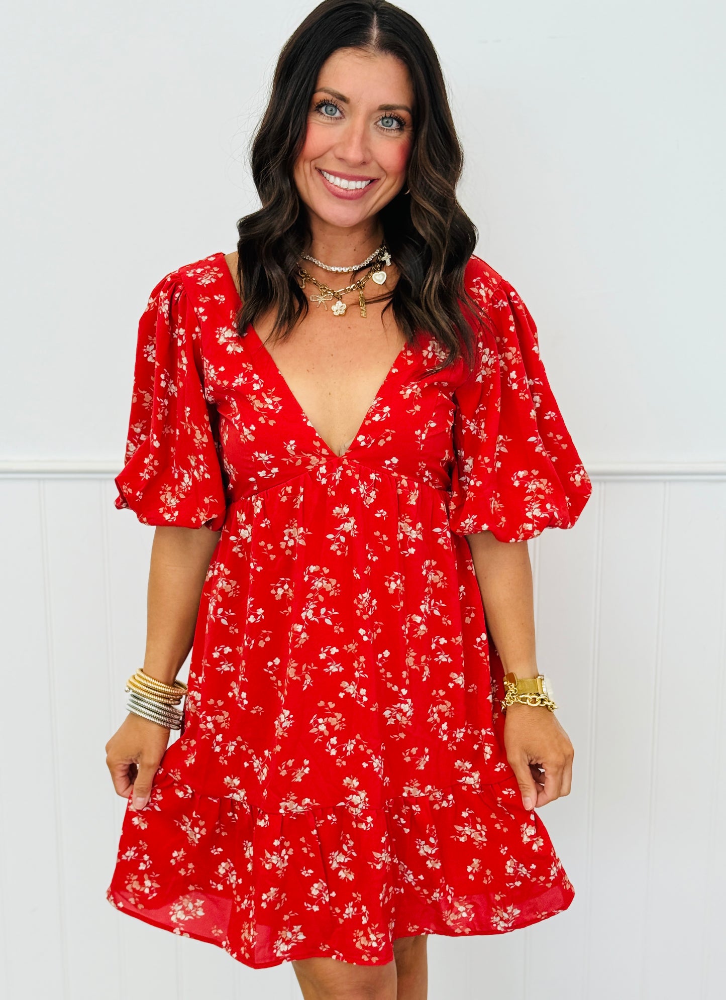 Red Multi Floral V-Neck Mini Dress (Reg.)