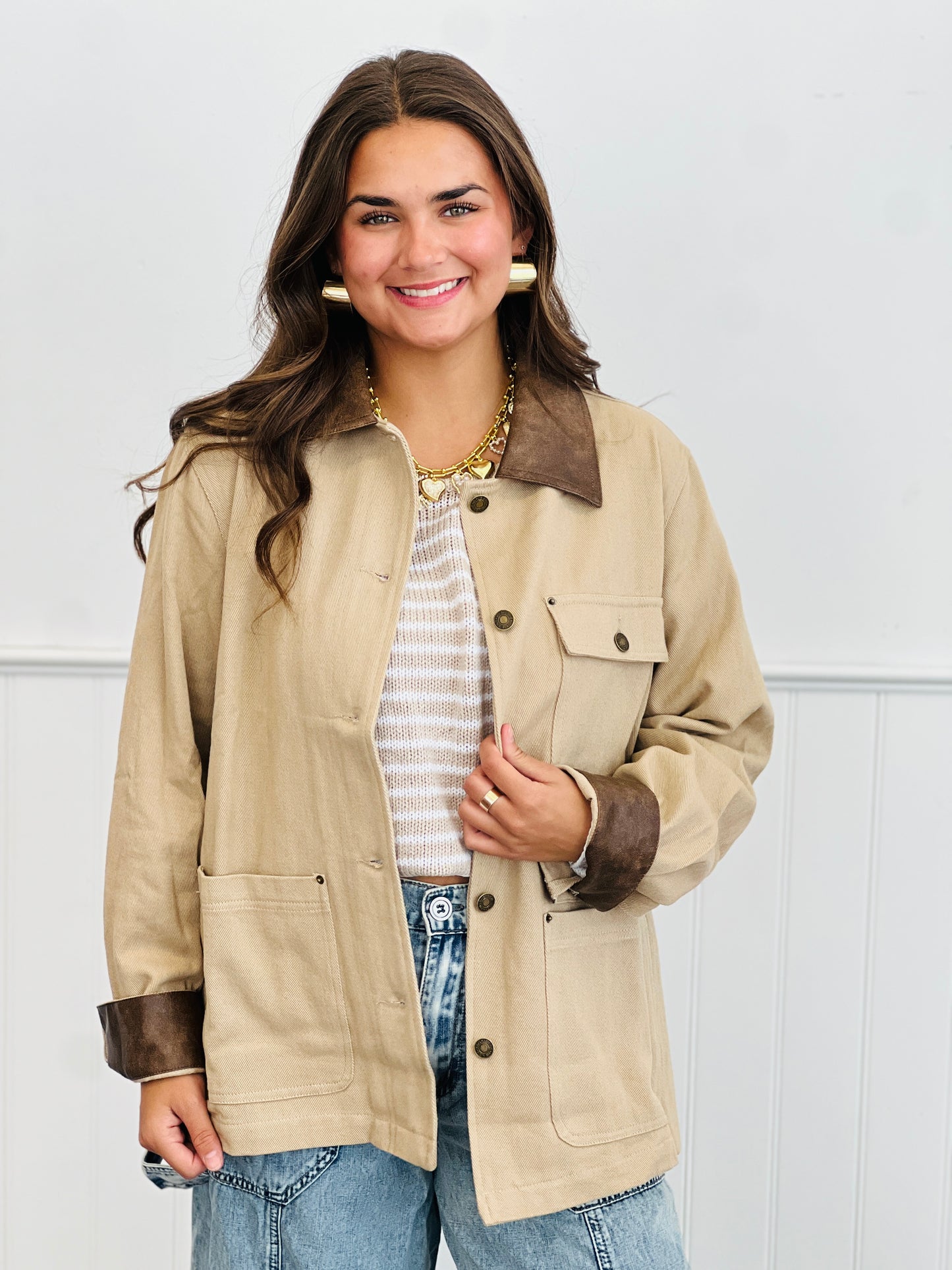Contrast Faux Leather Denim Jacket (Reg.)-2 Colors