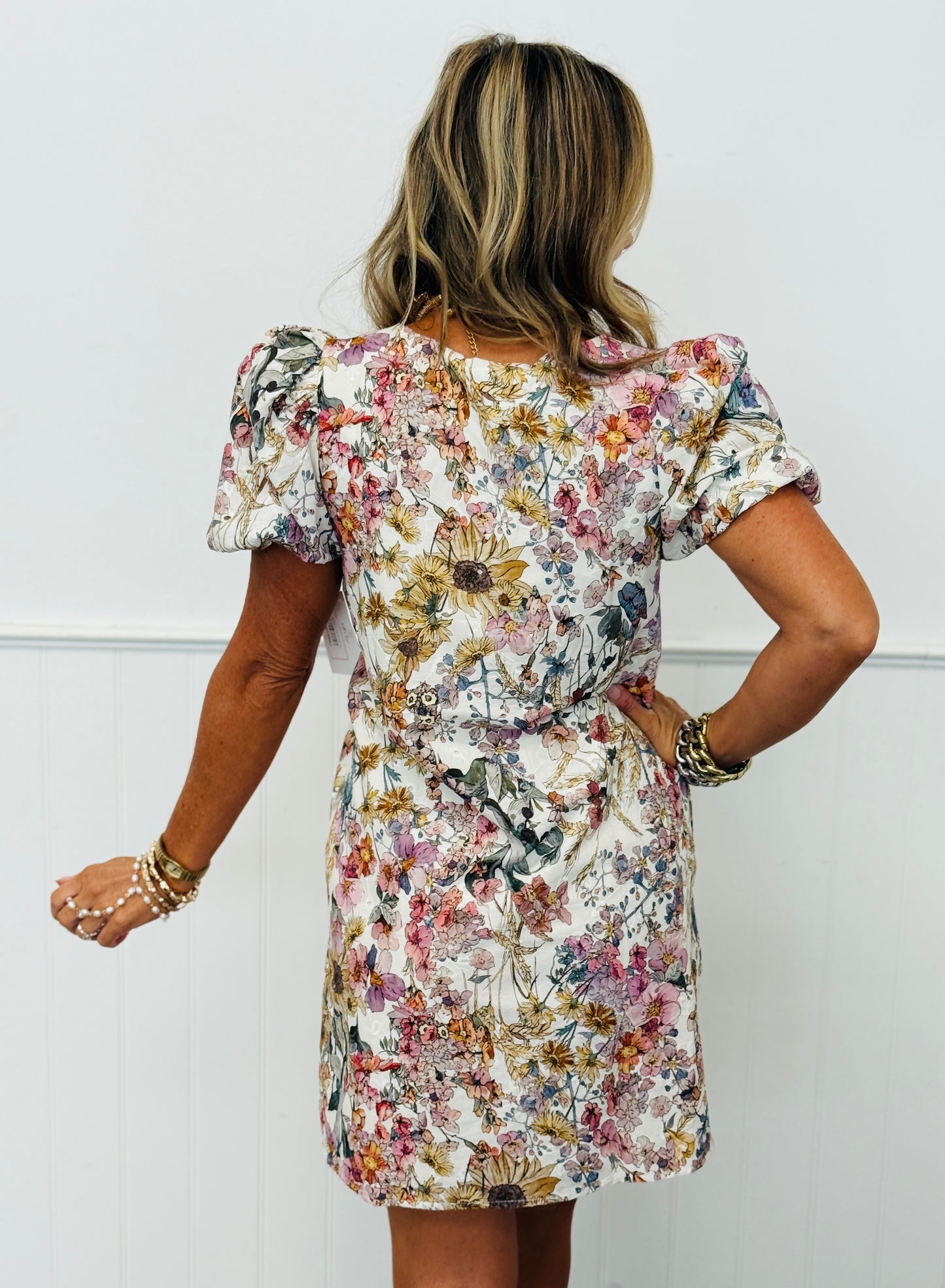 Ecru Floral Puff Sleeve Mini Dress (Reg.)