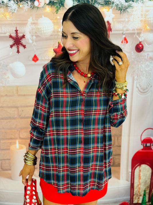 Navy Plaid Kathryn Button Up Top (Reg. and Plus)