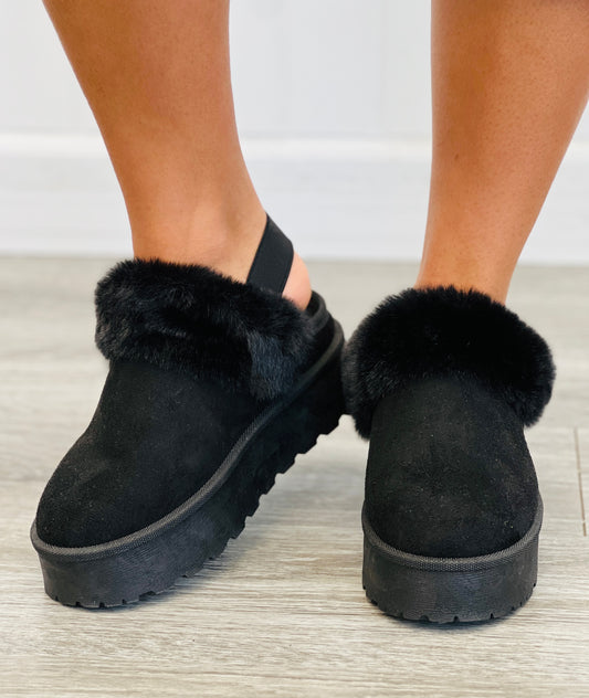 Black Slingback Faux Fur Platform Booties