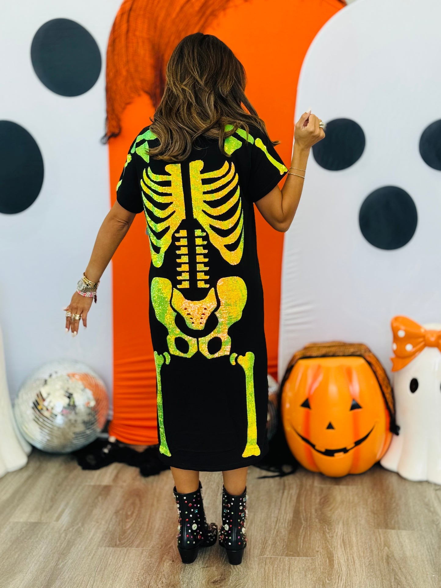 Queen Of Sparkles Black & Iridescent Green Skeleton Tee Dress (Reg. and Plus)