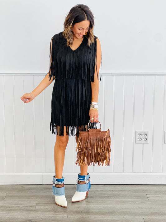 Black Suede Fringe Mini Dress (Reg. & Plus)