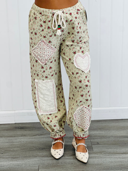 POL Pale Mint Floral Contrast Lace & Woven Patch Pants (Reg.)