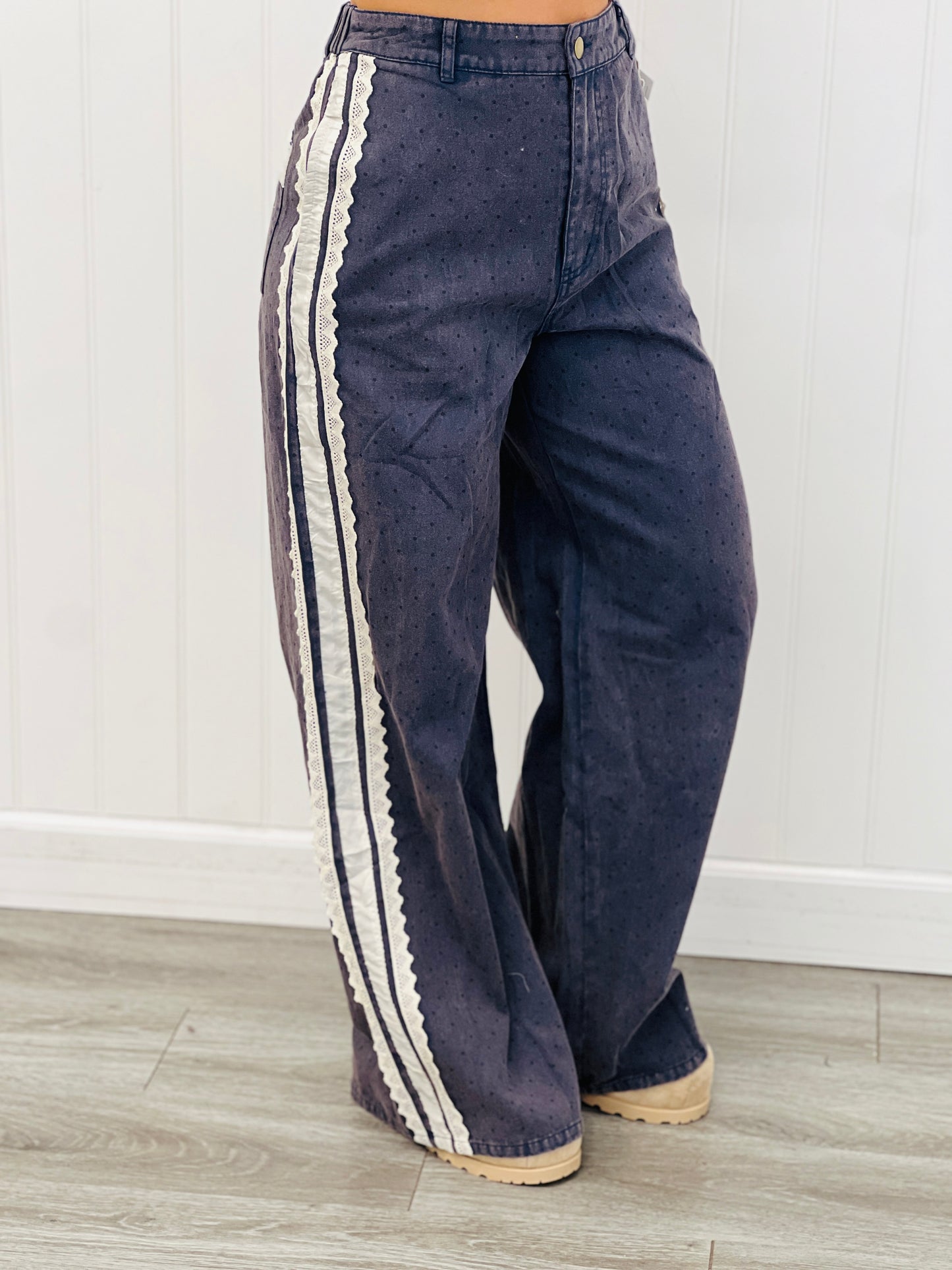 Polka Dot Denim Side Stripe Jeans (Reg & Plus)-2 Colors