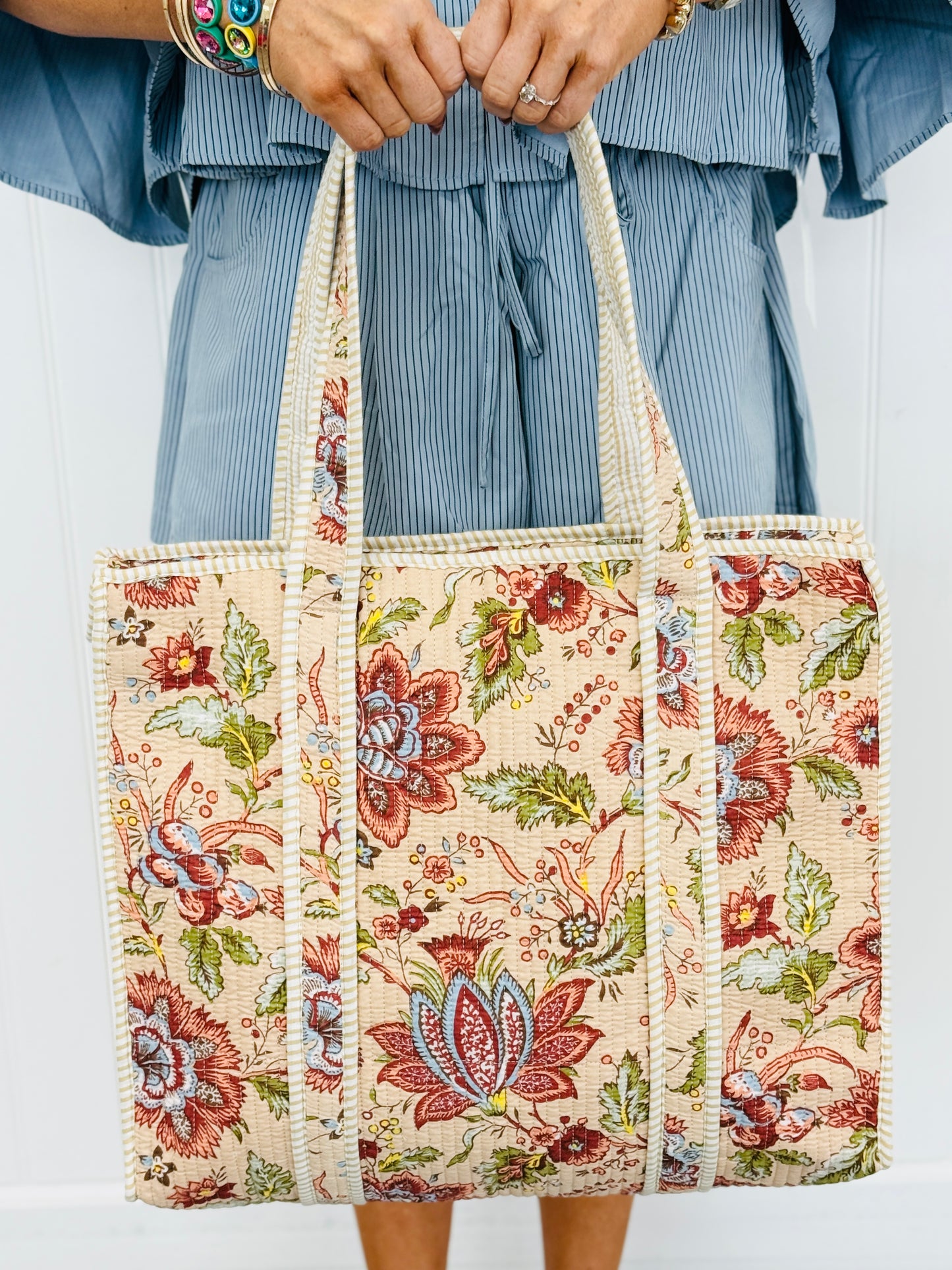POL Natural Multi Boho Floral Print Tote Bag