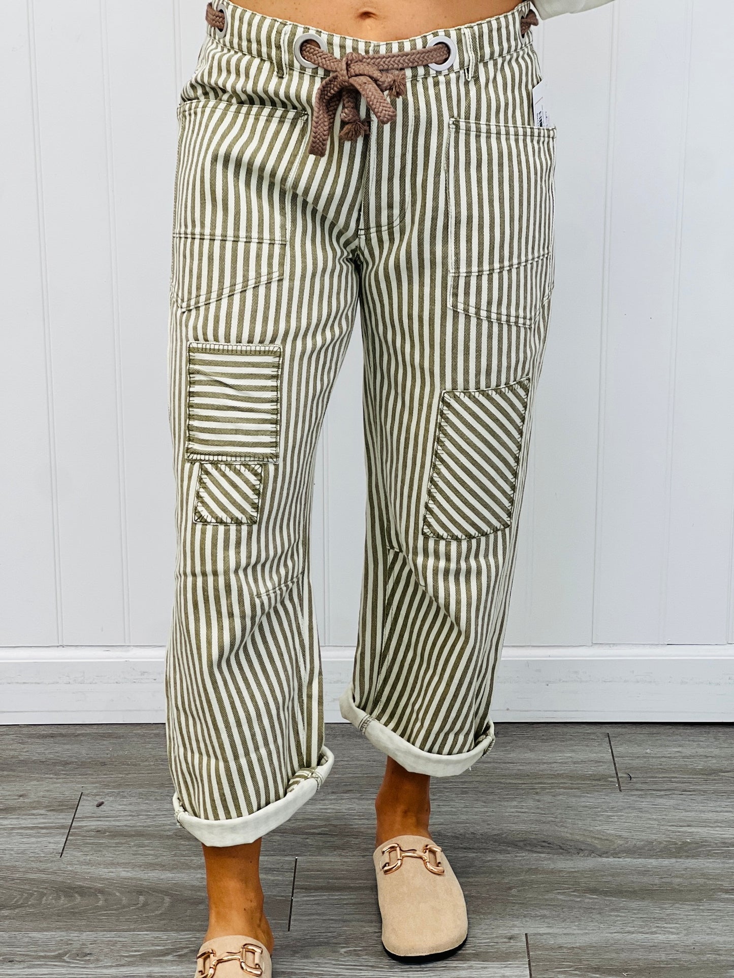Olive Striped Twill Barrel Pants (Reg.)