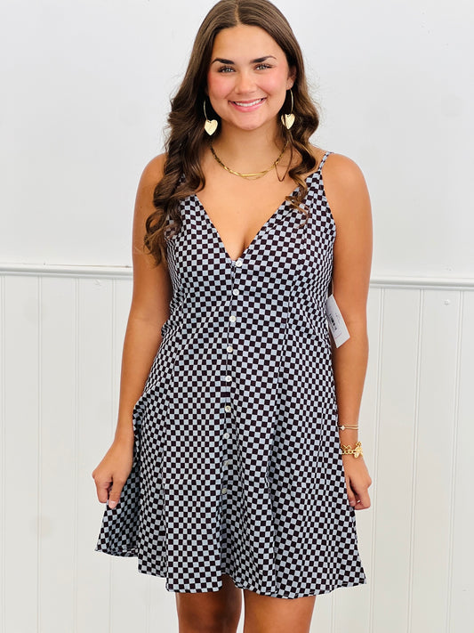 Blue Strappy Checkered Mini Dress (Reg & Plus)