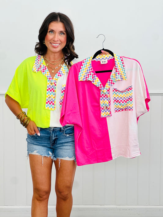 Multi Checkered Colorblock Contrast Top (Reg.) - 2 Colors
