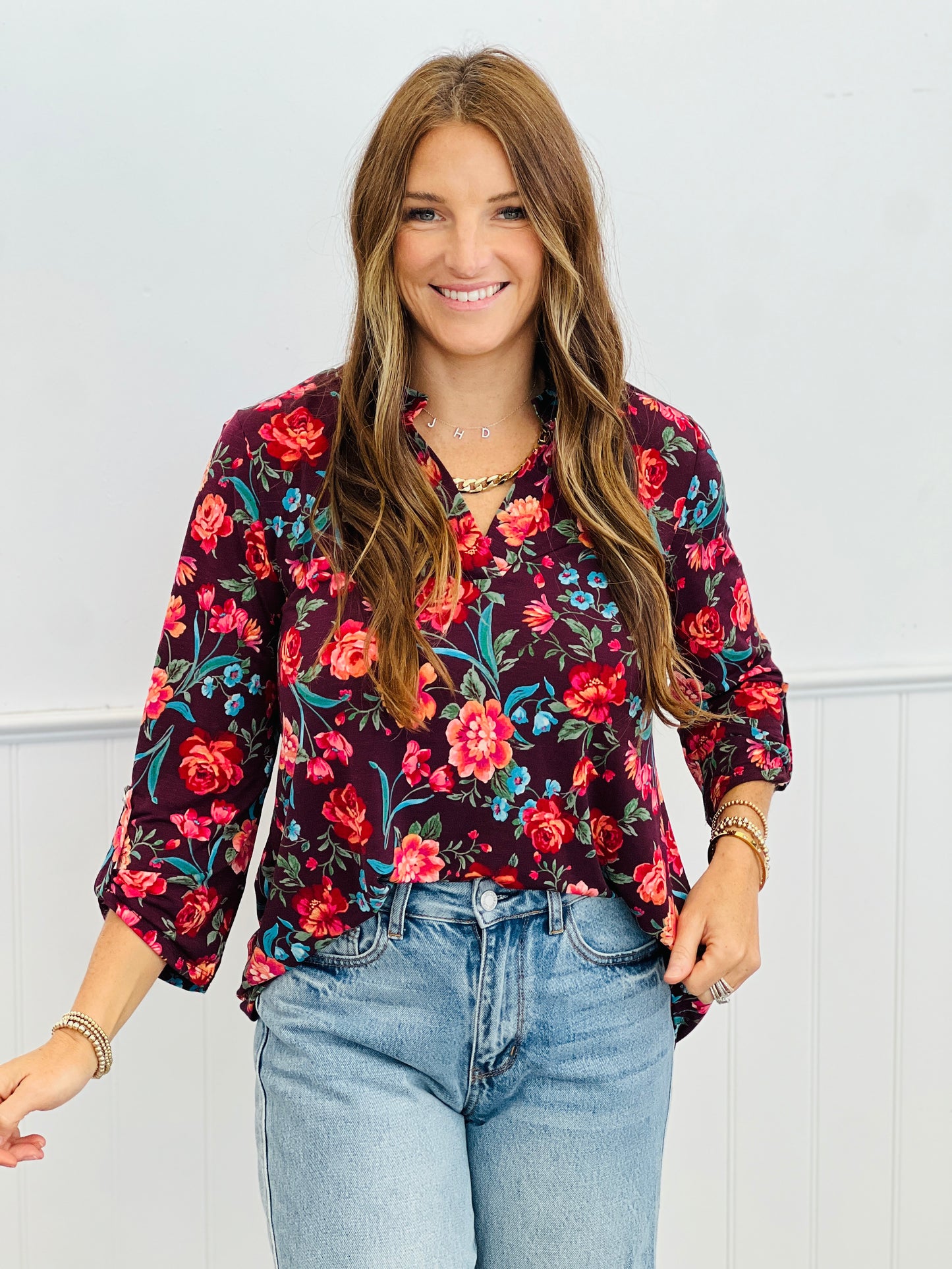 Dear Scarlett Wine Blooms 3/4 Sleeve Lizzy Top (Reg.)