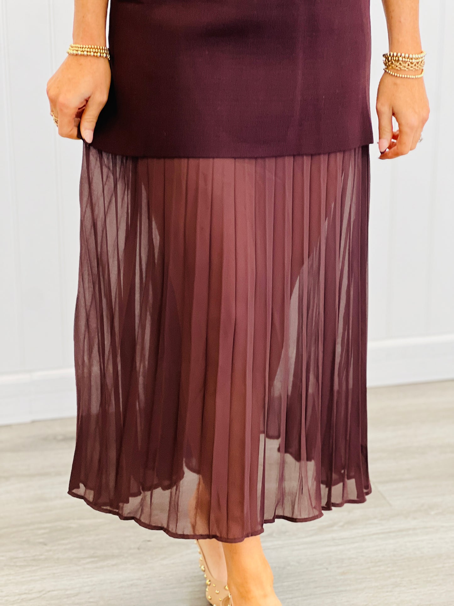 Coffee Sleeveless Sheer Trim Midi Dress (Reg.)