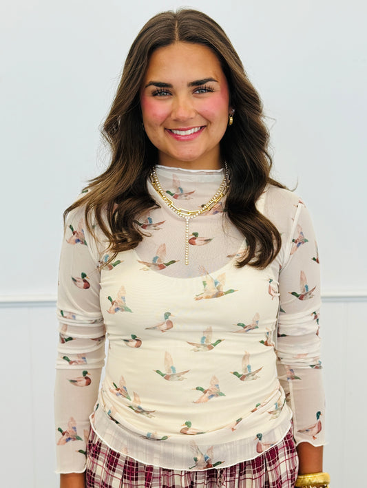 Beige Multi Flying Ducks Mesh Blouse (Reg & Plus)