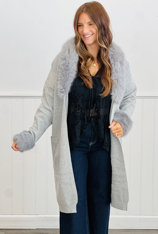 Grey Faux Fur Open Cardigan (Reg.)
