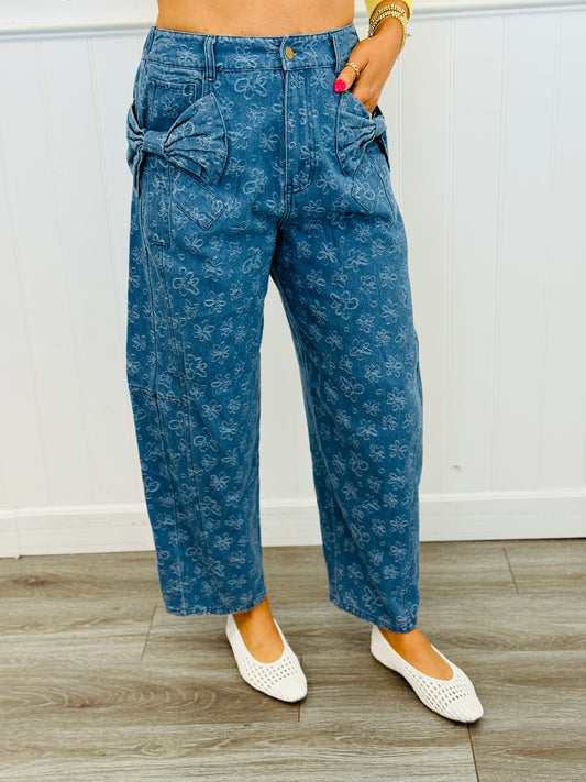 Washed Denim Bow Pockets Barrel Pants (Reg. and Plus)