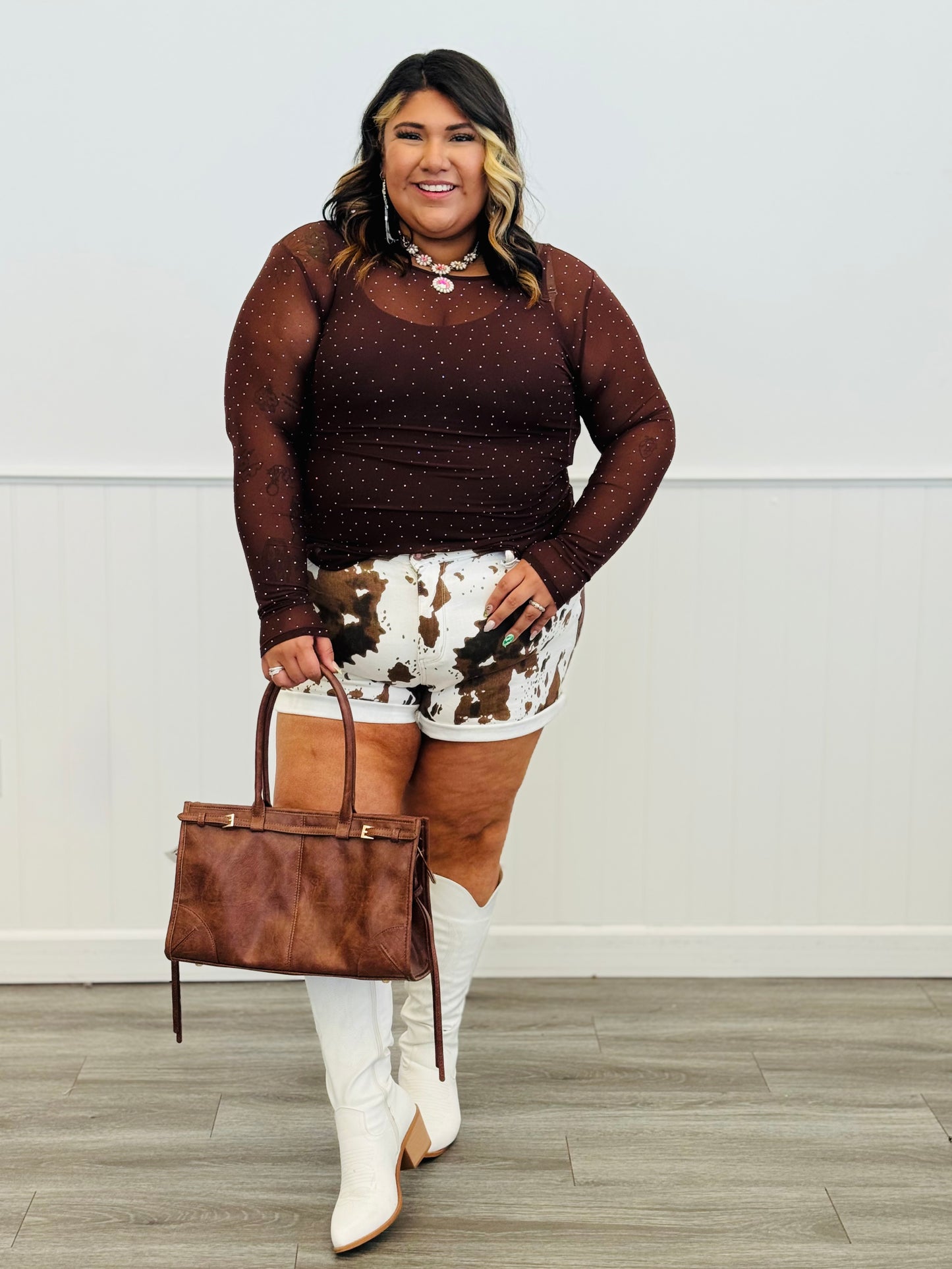 Brown Rhinestone Mesh Top (Reg. & Plus)