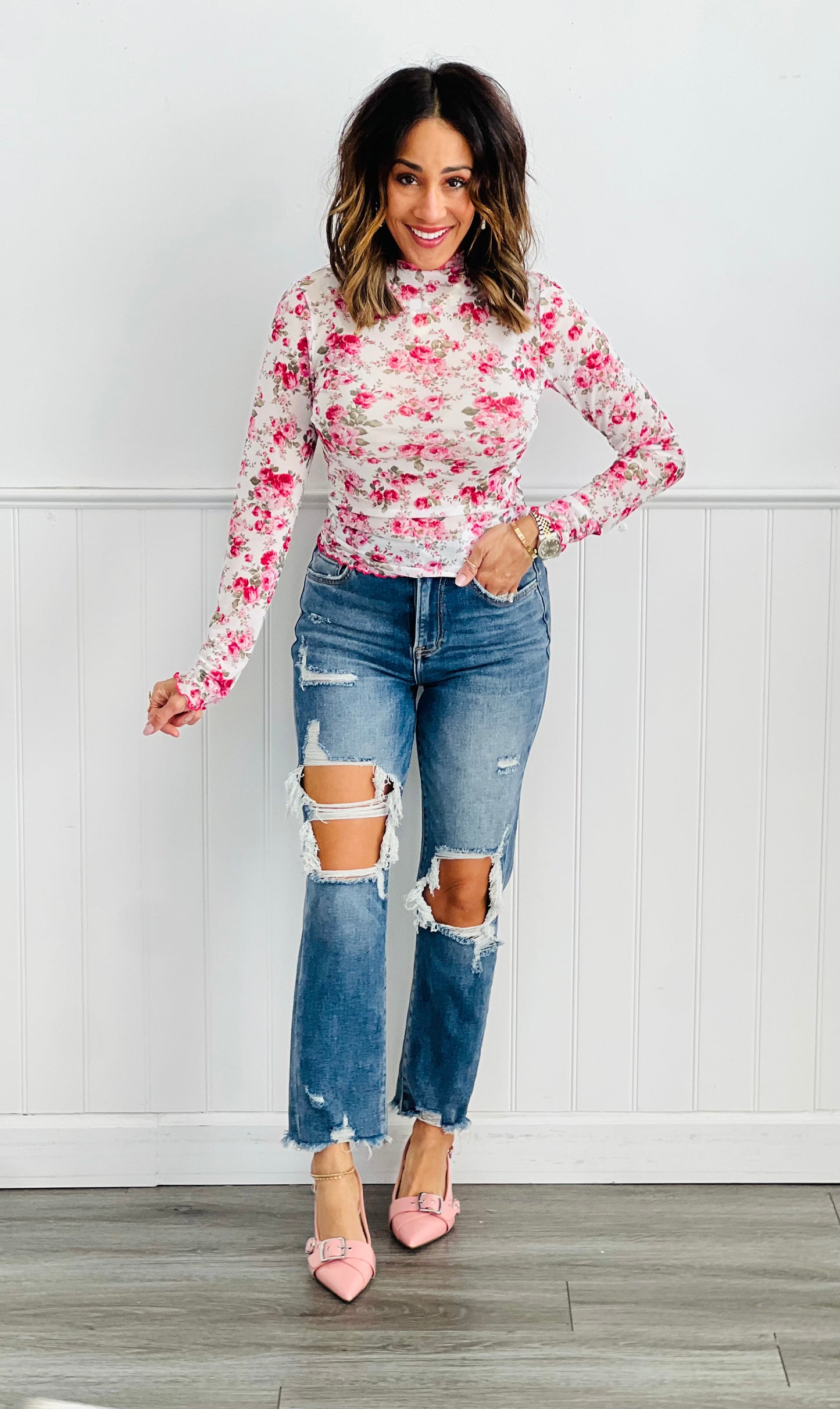Pink Floral Mesh Long Sleeve Top (Reg. and Plus)