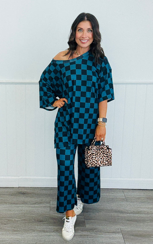 Teal/Black Checkered Print Top and Pants Set (Reg. and Plus)