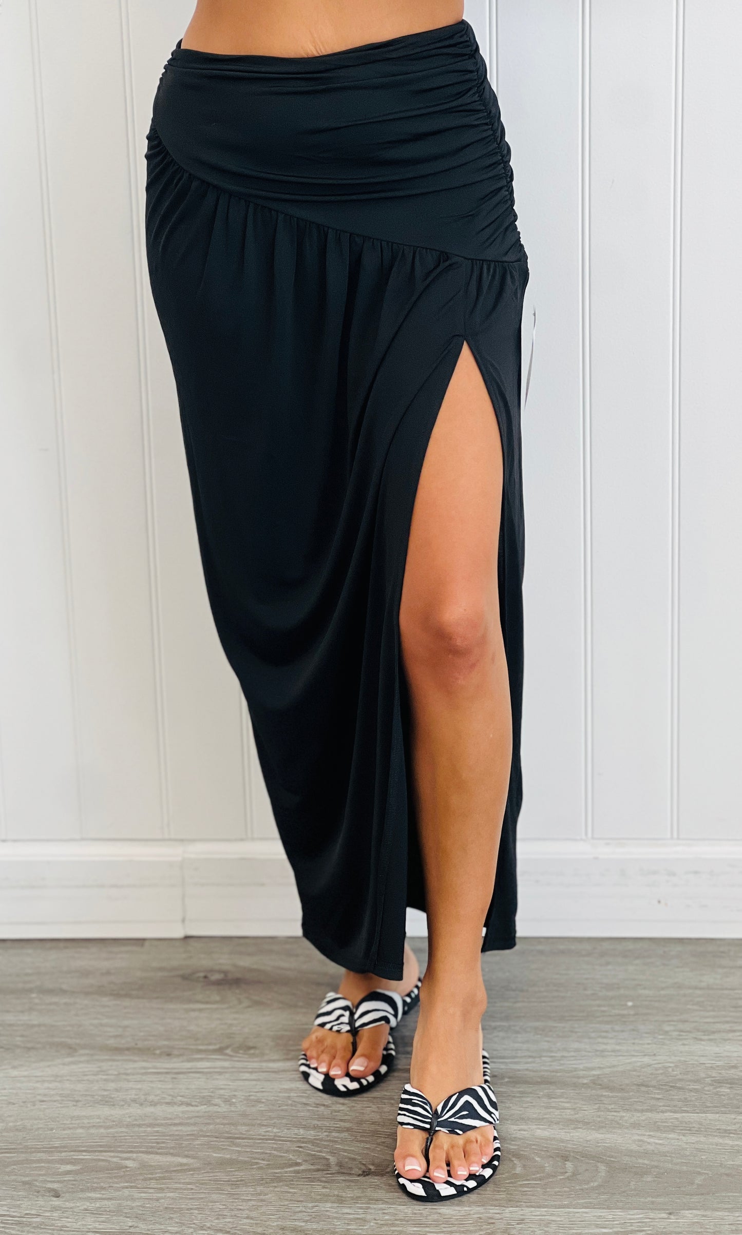 Asymmetric Ruched Knit Maxi Skirt (Reg.)-2 Colors