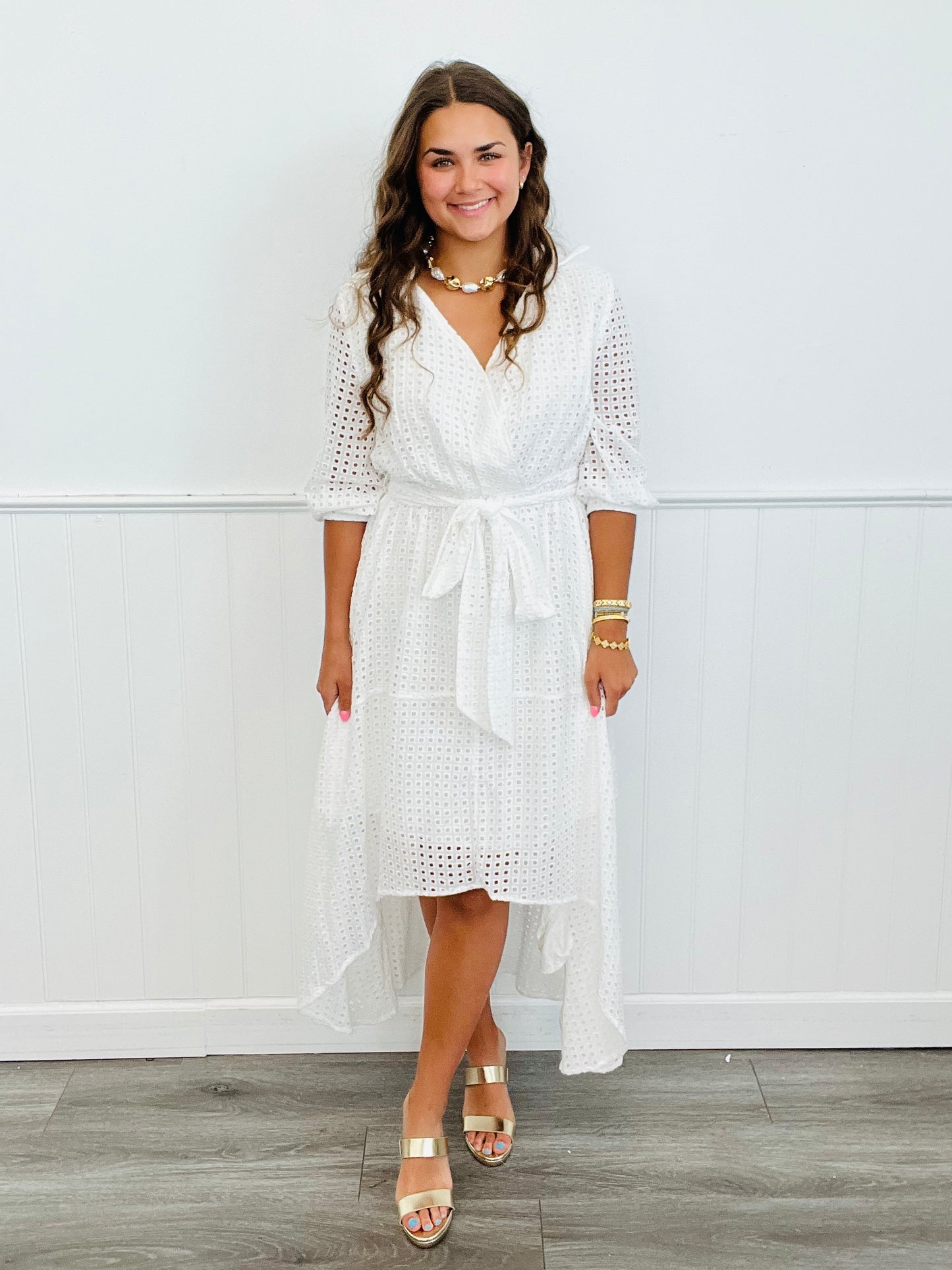 White Eyelet Wrap Style High-Low Dress (Reg. & Plus)