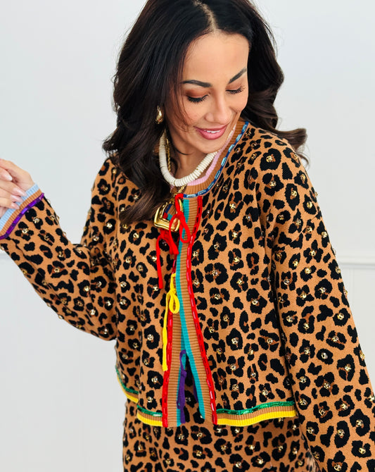 Queen Of Sparkles Leopard Multi Tie Crystal Cardigan (Reg. & Plus)