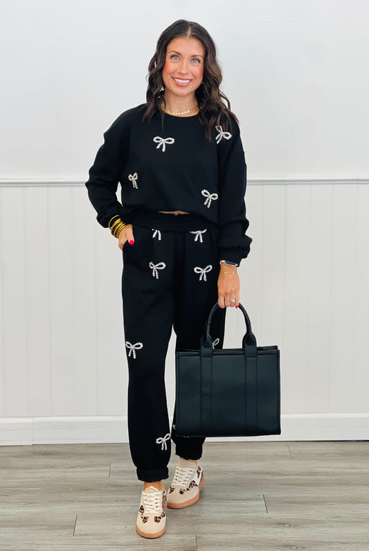 Black Rhinestone Bows Sweatshirt/Jogger Set (Reg and Plus )