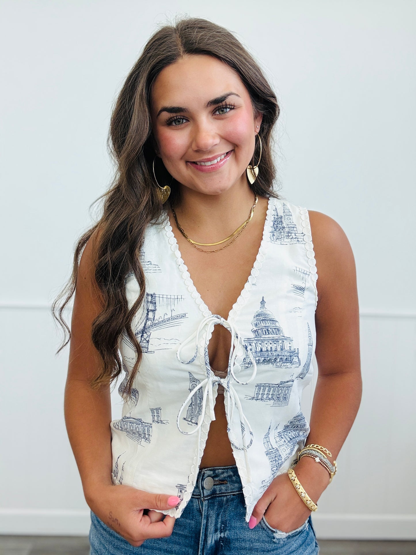 Ivory/Navy Print Linen Vest (Reg. & Plus)