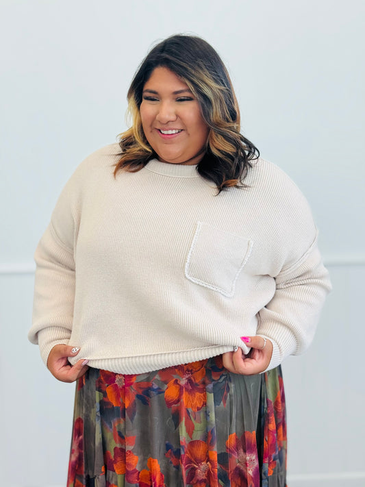 Oatmeal Pearl Detail Pocket Pullover Sweater (Reg. and Plus)