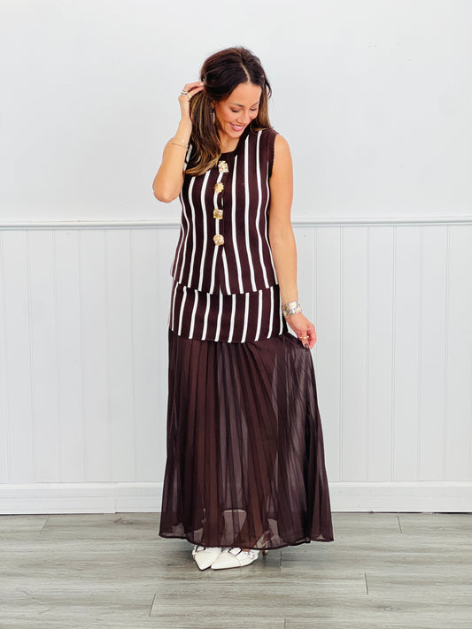 Brown Striped Snap Gold Button Top & Skirt Set (Reg.)