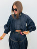 Denim Pleated Bubble Hem Top & Pants Set (Reg.)