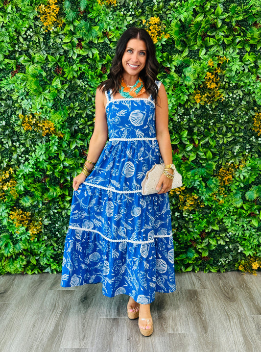 Blue Seashell Strappy Midi Dress (Reg & Plus)