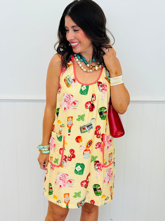 Butter Yellow Fruit & Food Print Mini Dress (Reg.)