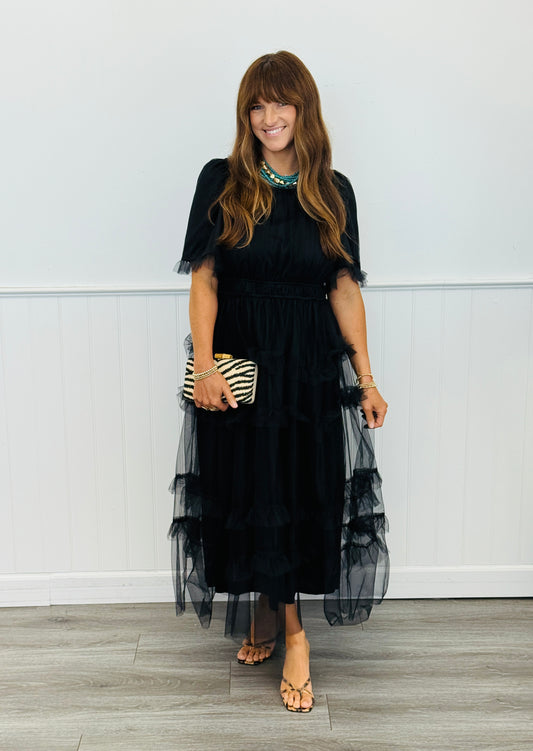 Black Tulle Tiered Midi Dress (Reg. and Plus)