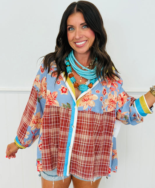 Red Plaid Multi Mixed Print Button Up Top (Reg. and Plus)