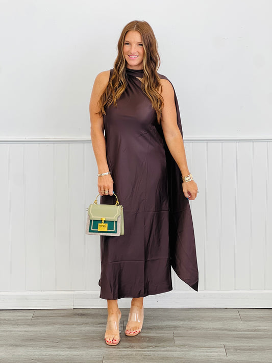 Brown Satin One Shoulder Maxi Dress ( Reg.)