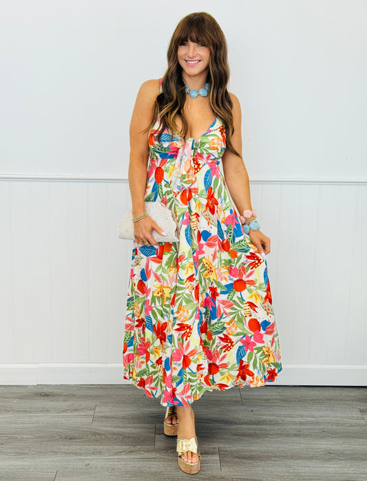 White Multi Floral Print Strappy Midi Dress (Reg.)