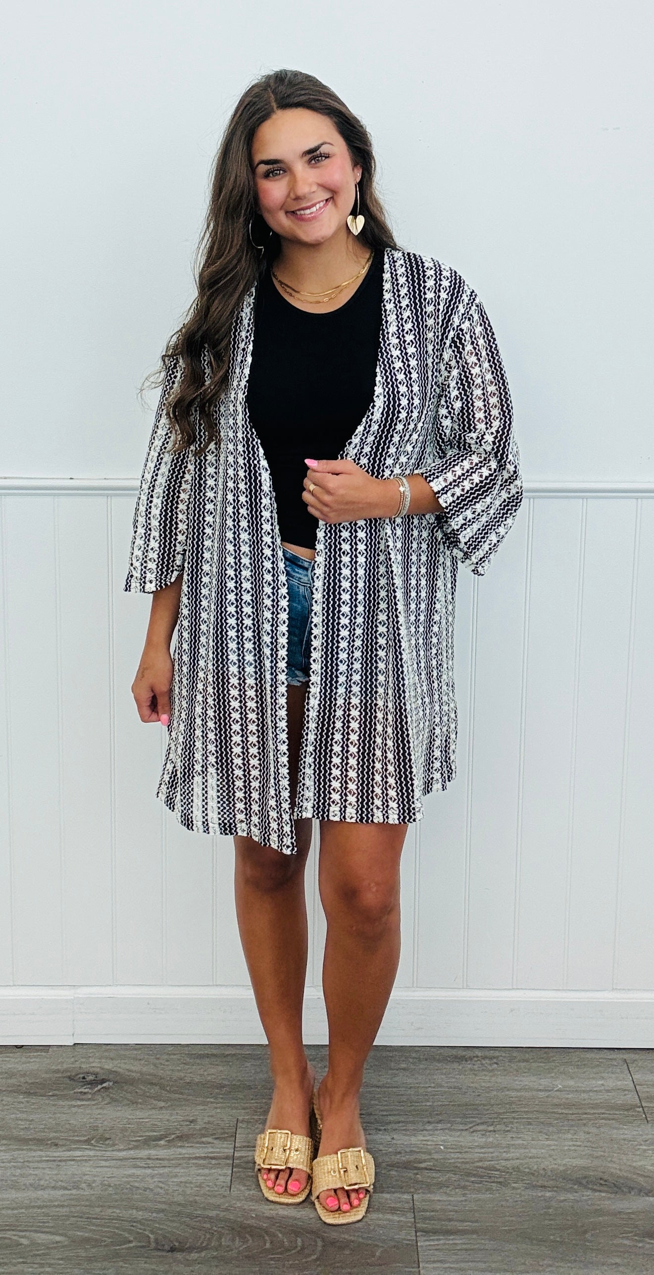 Black/White Knit Patterned Cardigan (One Size & Plus)