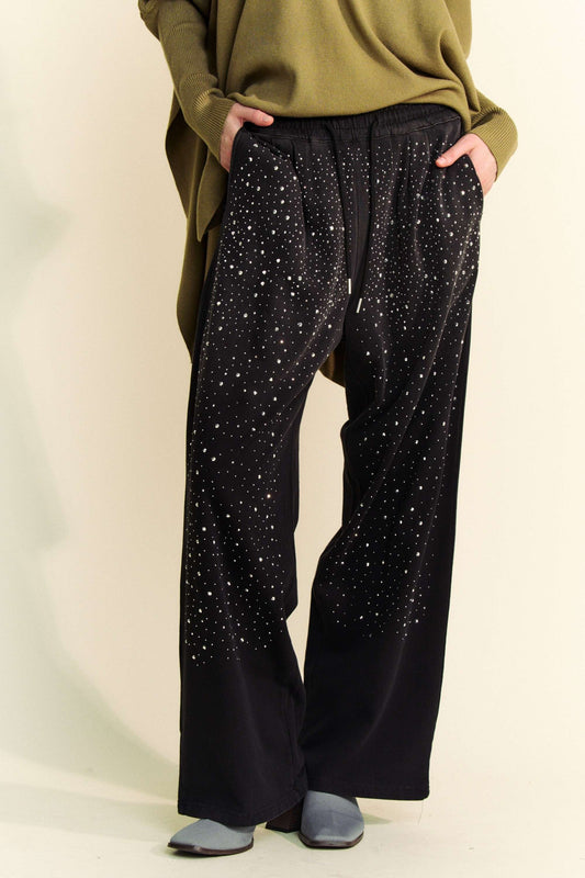 Black Rhinestone Wide Leg Pants