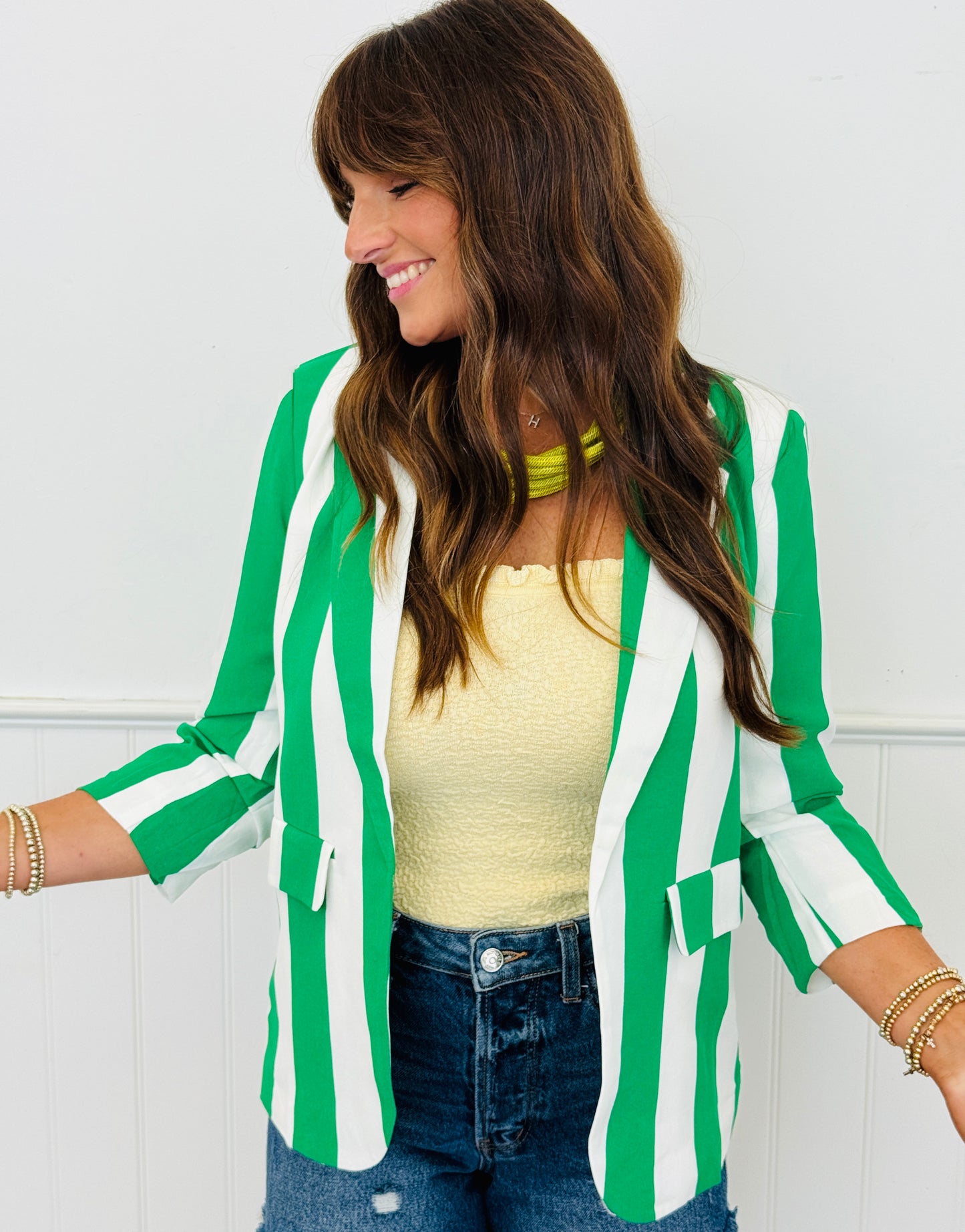 Green White Vertical Stripe Relaxed Blazer (Reg. & Plus)