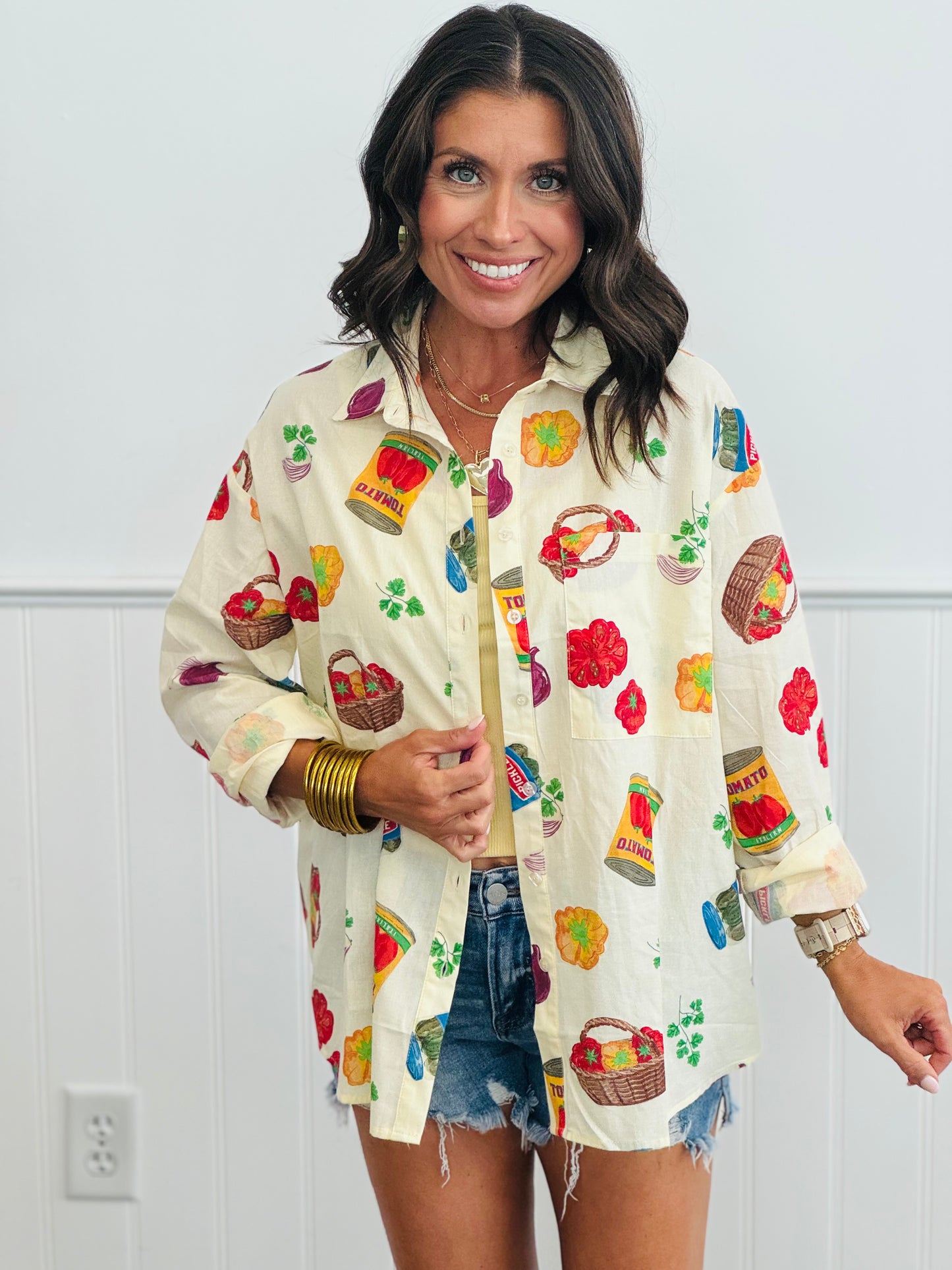 Cream Browsing The Aisles Button Down Top (Reg.)