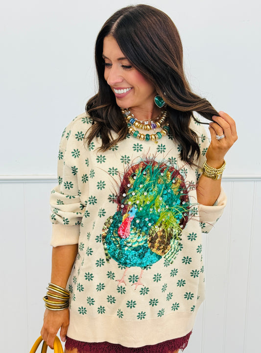 Queen Of Sparkles Beige & Green Flower Print Feather Turkey Sweater (Reg. and Plus)