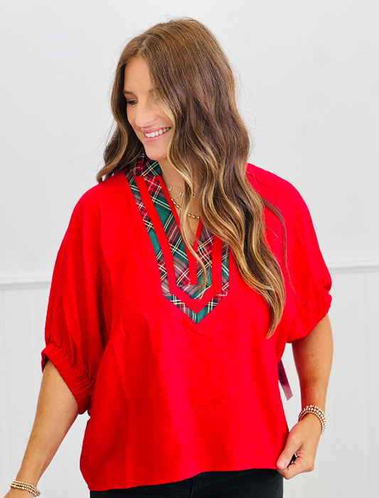 Red Plaid Contrast Neck Pullover Top (Reg & Plus)