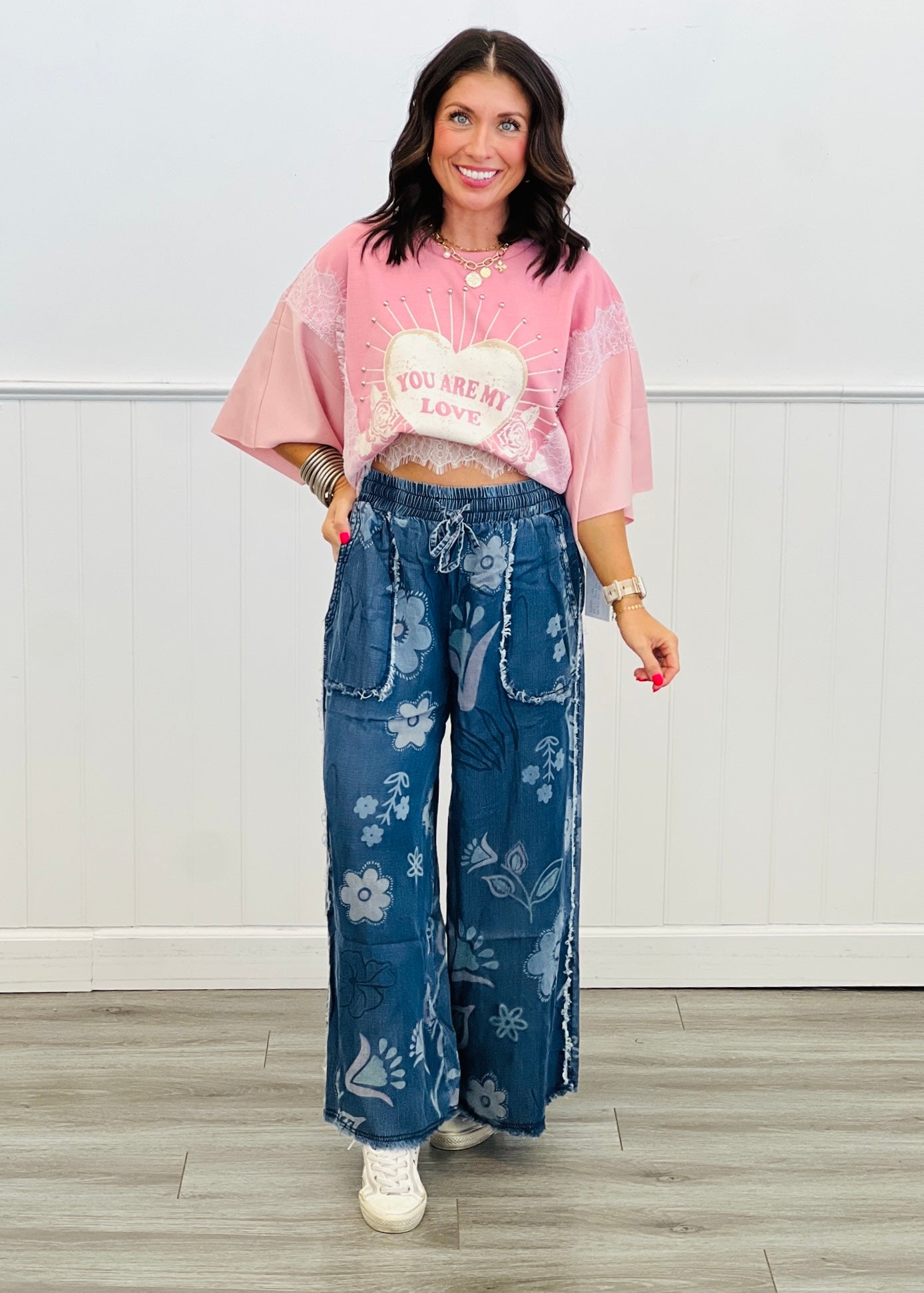 Washed Denim Floral Pop Pants (Reg & Plus)