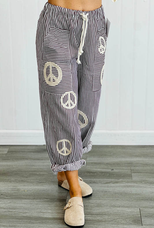 Burgundy Peace Sign Pinstripe Palazzo Pants (Reg. and Plus)