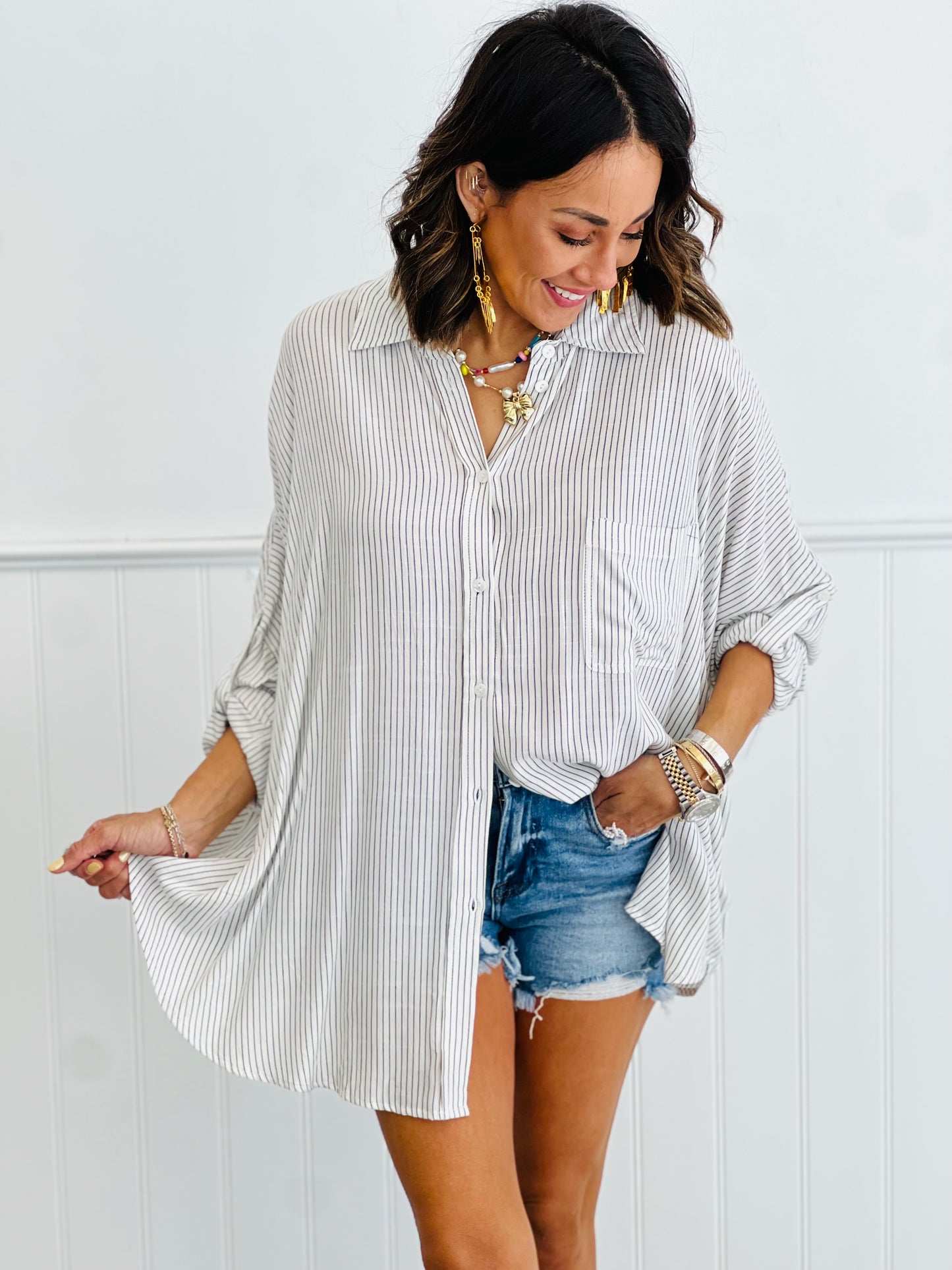 White/Black Striped Button Down Top (Reg.)