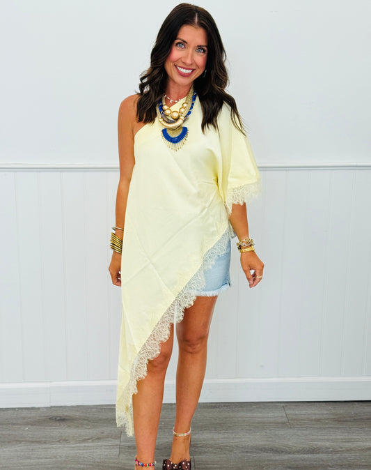 Yellow Asymmetrical Lace Hem Blouse (Reg.)